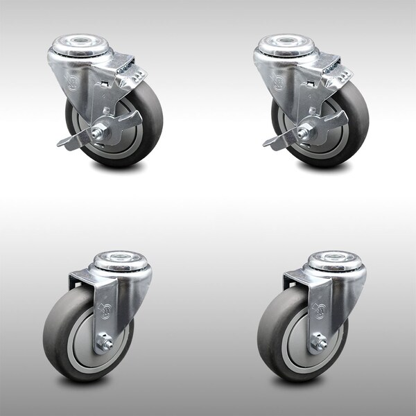 4 Inch SS Thermoplastic Rubber Wheel Swivel Bolt Hole Caster Set with 2 Brake